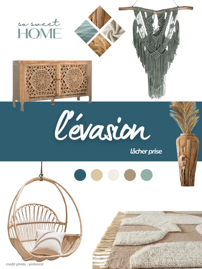Lâcher prise : buffet en bois sculpté, macramé mural, fauteuil suspendu en rotin et palette bleu, sable et vert d'eau.