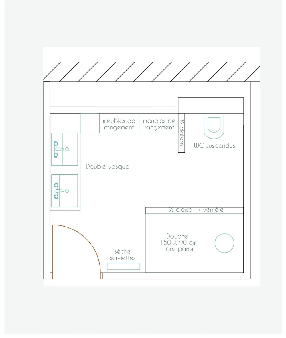 Plan d'agencement 2D d'une salle de bain : double vasque et meubles de rangement le long du mur, WC suspendus isolés par une demi-cloison, douche de 150 x 90 cm sans paroi derrière une demi-cloison vitrée, sèche-serviettes près de la porte.
